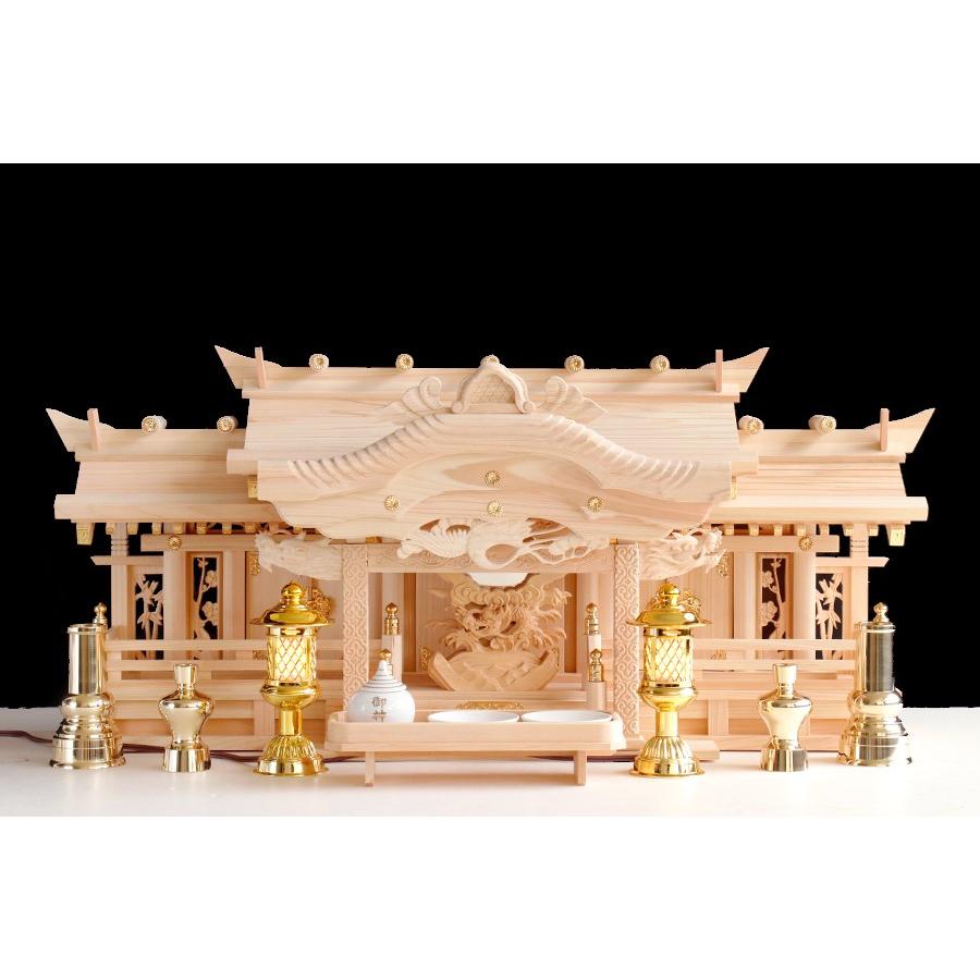 神棚 三社 ■ 特大 84cm ■ 美彫り 昇龍大社 / 入母屋 神棚セット 真鍮神具 極上龍彫神鏡 金 / 黒 灯ろう「阿吽の龍」｜yamako-showten｜02