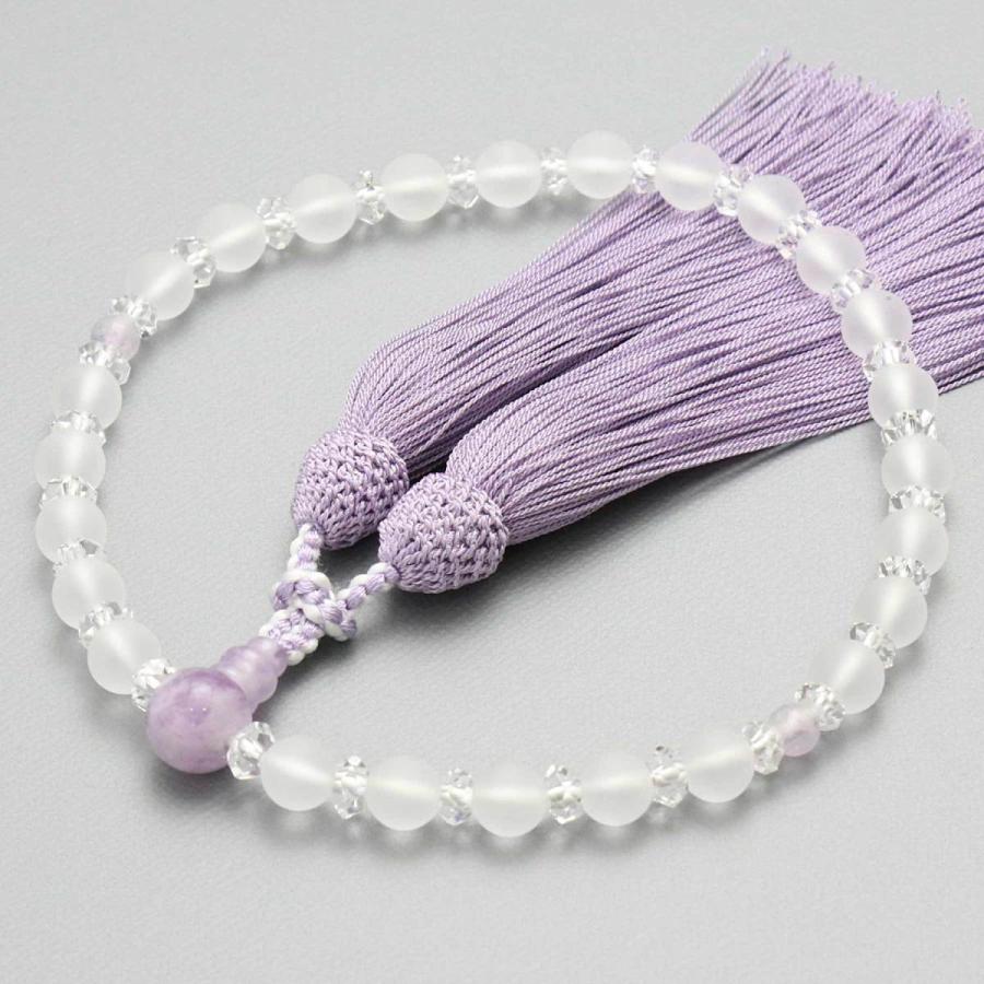数珠 女性用 京念珠 数珠袋付き 京都宝珠 淡雪水晶 水晶平切 藤雲石 正絹松風頭房 すべての宗派 対応 略式 仏壇 仏具