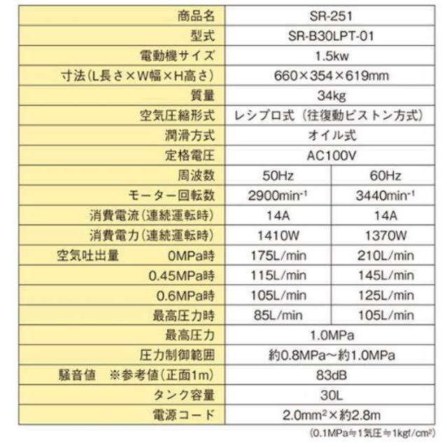 SK11 エアコンプレッサー SR-251 SR-B30LPT-01 オイル式 タンク
