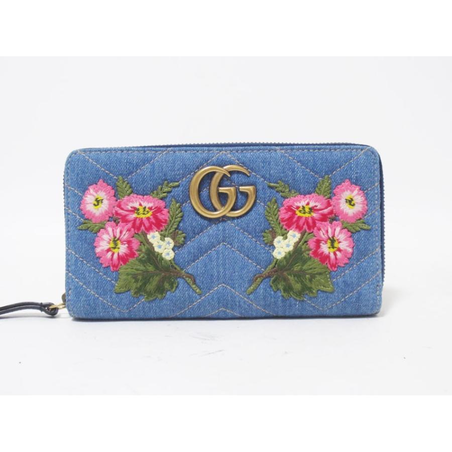 GUCCI グッチ ファスナー財布 長財布 ジップアラウンド ウォレット GGマーモント デニム ブルー 花柄 刺繍 443123 日本限定 新品同様｜yamamoto7887