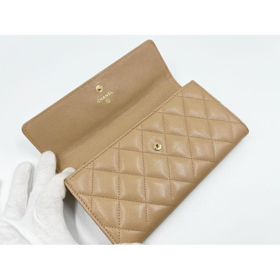 CHANEL シャネル キャビアスキン ロングフラップウォレット 長財布 2つ折り ベージュ ラインストーン  ゴールド金具 マトラッセ AP2740 B08043 NH624 カード 美品 CHANEL - CHANEL シャネル キャビアスキン ロングフラップウォレット