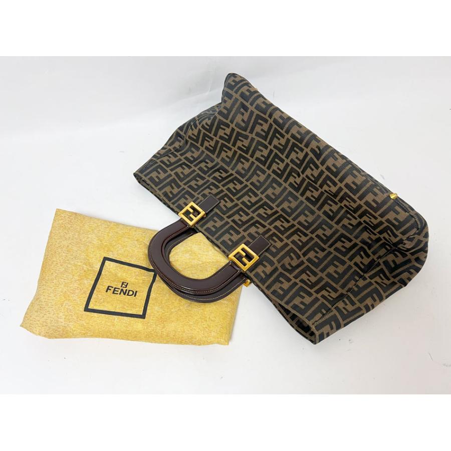 【美品】フェンディ ズッカ トートバッグ ブラウン キャンバス レザー FENDI（フェンディ） トートバッグ ズッカ柄 キャンバス レザー