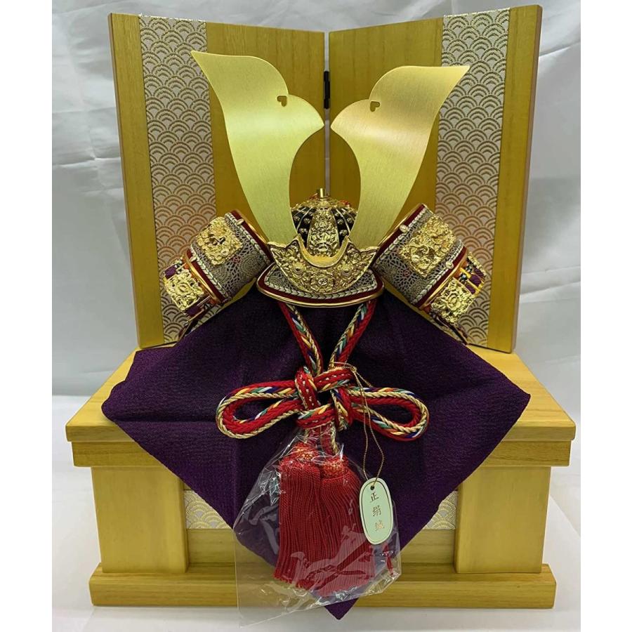 10号 金小札朱赤縅 兜 (ymd) 兜飾り 屏風付き収納飾台 6号桐短冊