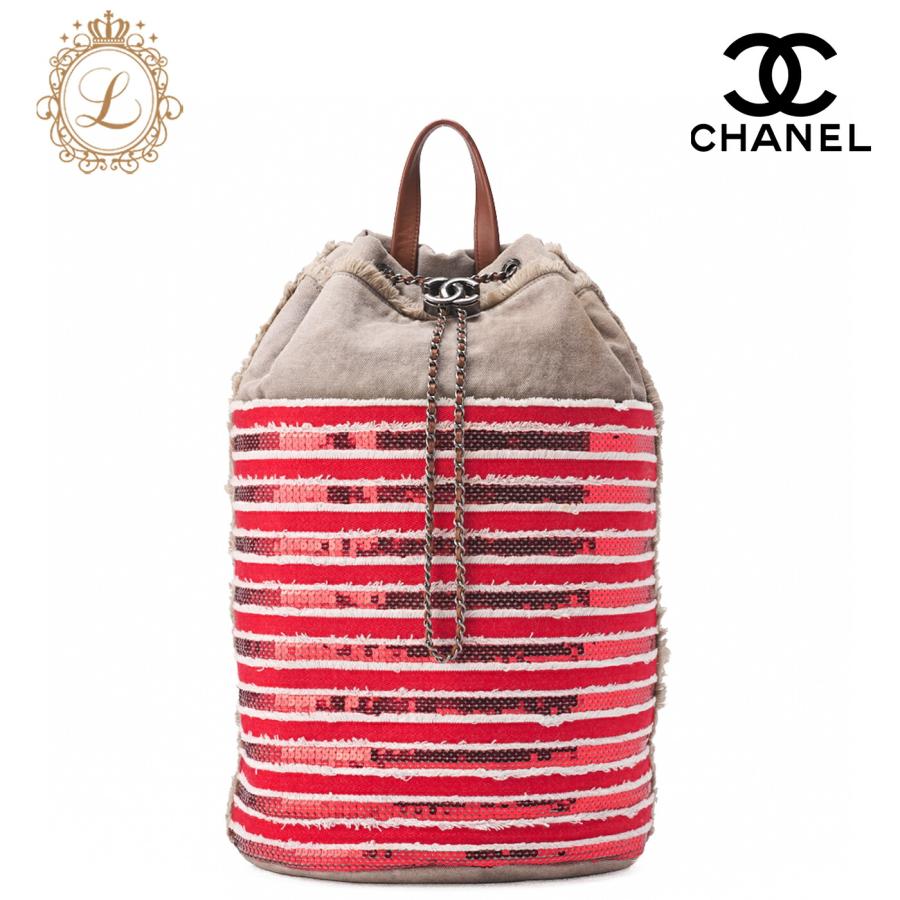 CHANEL シャネル ボーダー ココチャーム付き スパンコール 巾着