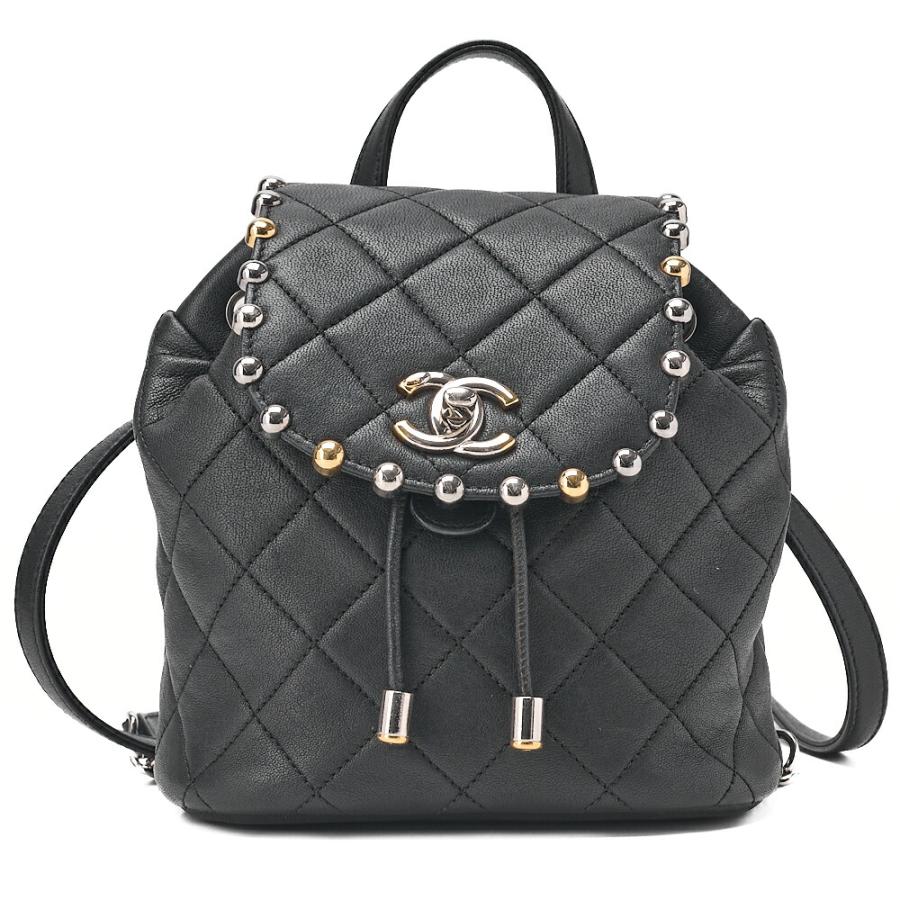 CHANEL シャネル ラムスキン マトラッセ スタッズ チェーンリュック 黒