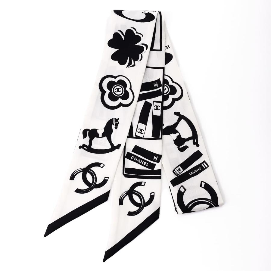 CHANEL シャネル ココマーク スカーフ シルク 黒×白 レディース  