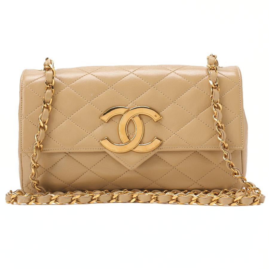 美品 CHANEL シャネル ココマーク プッシュロック ラムスキン マトラッセ チェーン ショルダー バッグ ベージュ a6947 CHANEL（シャネル） マトラッセ ココマーク プッシュロック チェーン