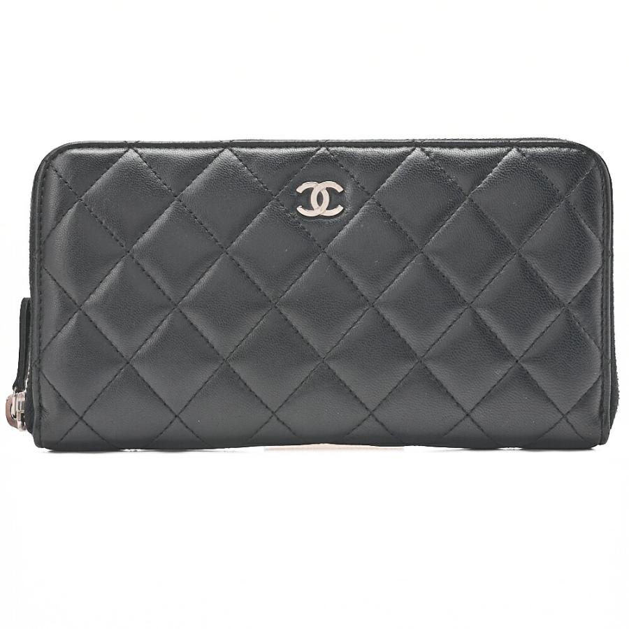 CHANEL シャネル マトラッセ ラウンド長財布 ラムスキン 黒（シルバー