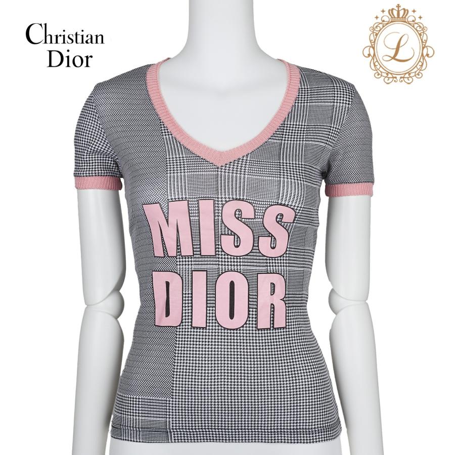 美品 Christian Dior ディオール 千鳥格子 半袖ニット DIOR ハイネック 千鳥半袖ニット