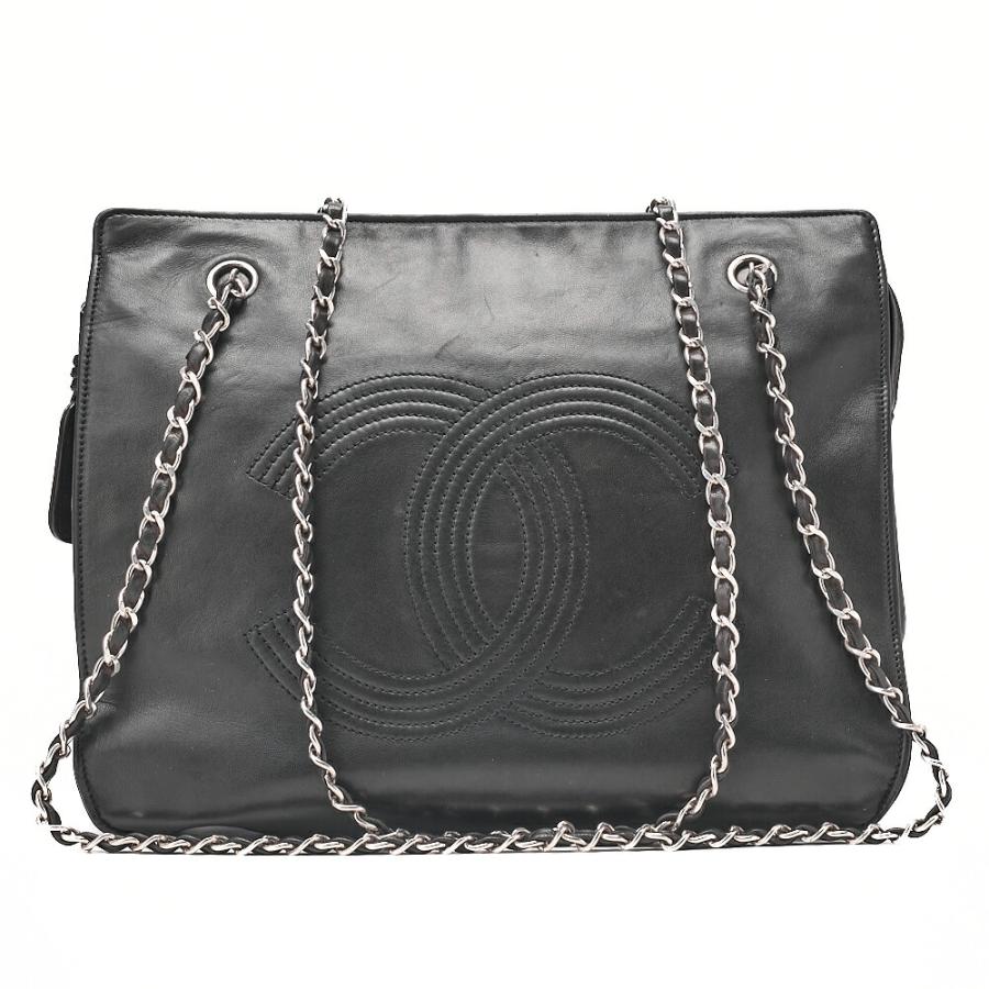 CHANEL シャネル ラムスキン デカココマーク Wチェーンショルダー 黒 