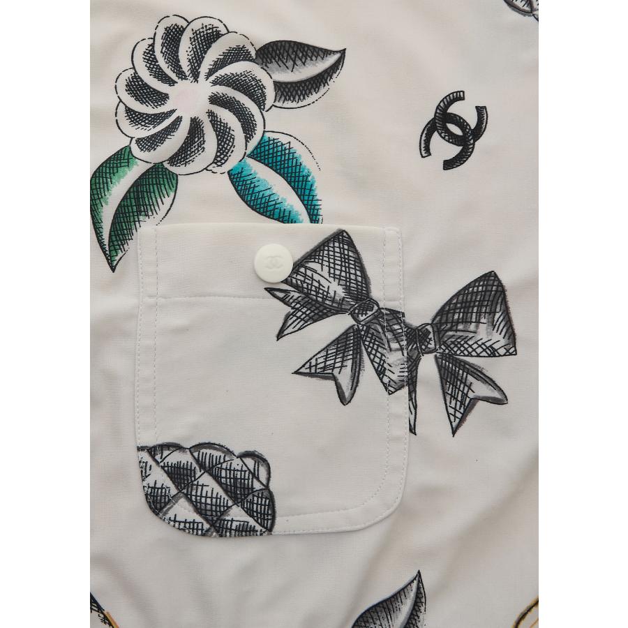 【返品可】CHANEL シャネル ココボタン 総柄 クロップド丈 トップス ココマーク リボン Tシャツ 半袖 カットソー  白 ブランド アパレル CHANEL シャネル ココボタン 総柄 クロップド丈 トップス ココマーク