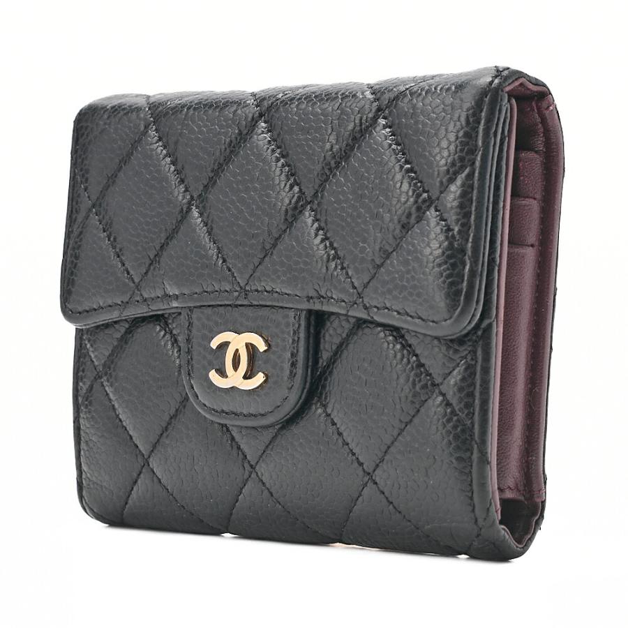 シャネル　三つ折り　長財布　キャビアスキン　マトラッセ　黒　シルバー金具 CHANEL シャネル マトラッセ 3つ折り長財布 キャビアスキン 黒