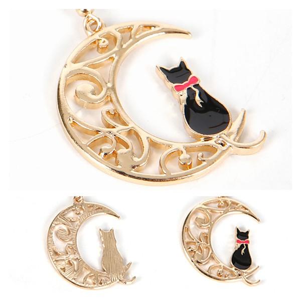 三日月と黒猫ピアス 黒猫と三日月が揺れるシルバーピアス/イヤリング – 繊細な装飾が魅力の