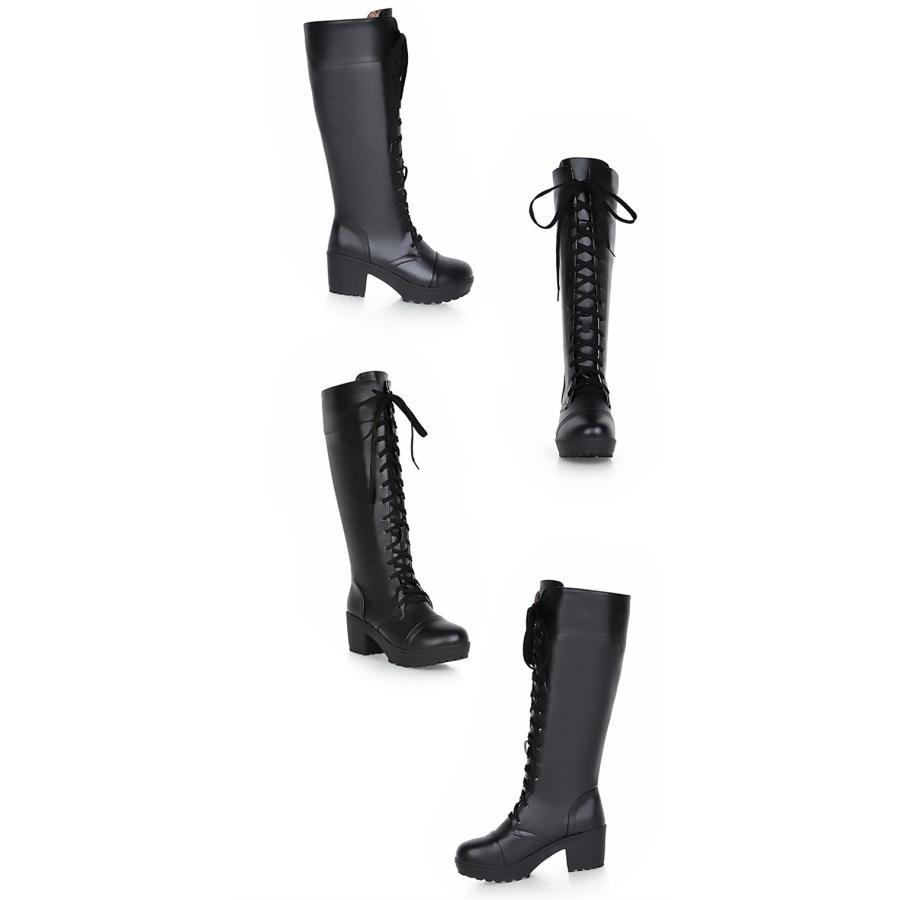 編み上げブーツ レディース 太ヒール ハイヒール ストーム 黒 白 ロングブーツ レースアップシューズ 秋冬靴 フェイクレザー | ブランド登録なし | 14
