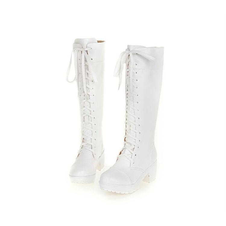 編み上げブーツ レディース 太ヒール ハイヒール ストーム 黒 白 ロングブーツ レースアップシューズ 秋冬靴 フェイクレザー | ブランド登録なし | 03