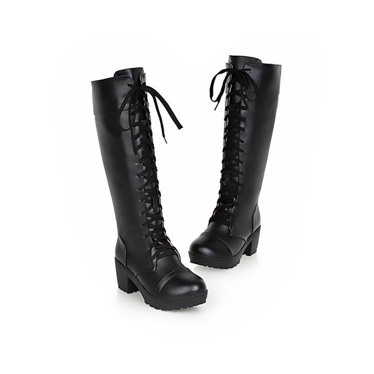 編み上げブーツ レディース 太ヒール ハイヒール ストーム 黒 白 ロングブーツ レースアップシューズ 秋冬靴 フェイクレザー | ブランド登録なし | 04