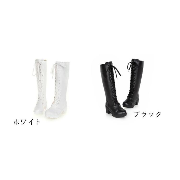 編み上げブーツ レディース 太ヒール ハイヒール ストーム 黒 白 ロングブーツ レースアップシューズ 秋冬靴 フェイクレザー | ブランド登録なし | 05