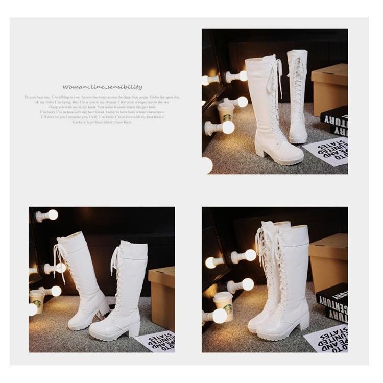 編み上げブーツ レディース 太ヒール ハイヒール ストーム 黒 白 ロングブーツ レースアップシューズ 秋冬靴 フェイクレザー | ブランド登録なし | 07