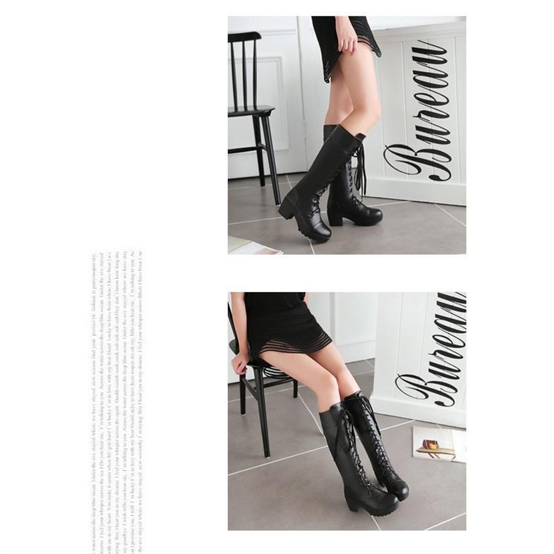 編み上げブーツ レディース 太ヒール ハイヒール ストーム 黒 白 ロングブーツ レースアップシューズ 秋冬靴 フェイクレザー | ブランド登録なし | 11