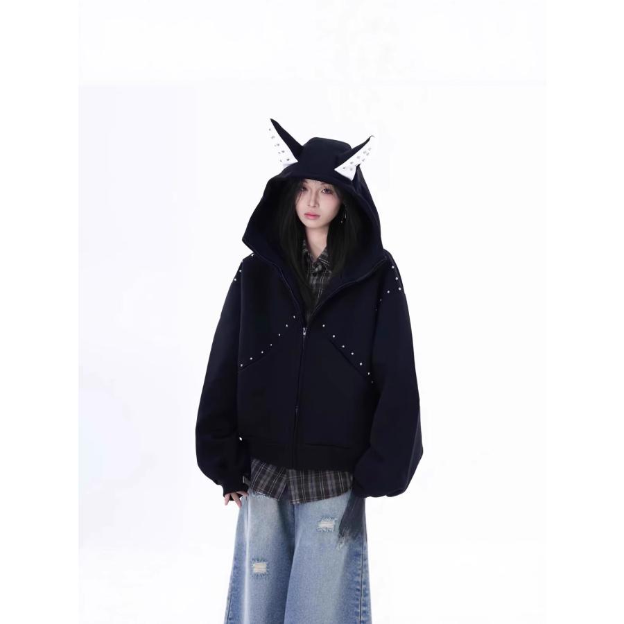 大特価】パーカー 悪魔耳付き ジップアップパーカー レディース メンズ