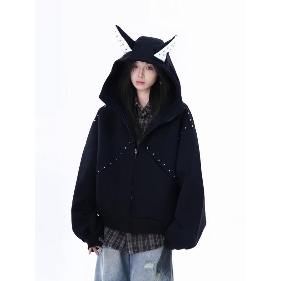 大特価】パーカー 悪魔耳付き ジップアップパーカー レディース メンズ