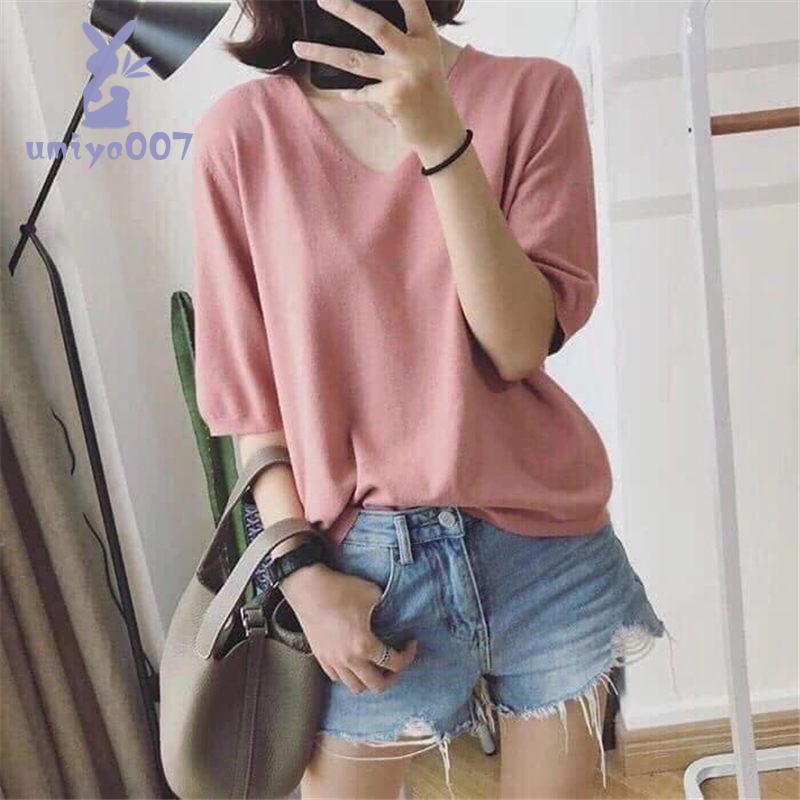 Tシャツ 半袖 レディース Vネック ニット カットソー ゆったり カジュアル おしゃれ ス 涼しい シンプル 無地 着まわし 通勤 通学 夏 |  | 01
