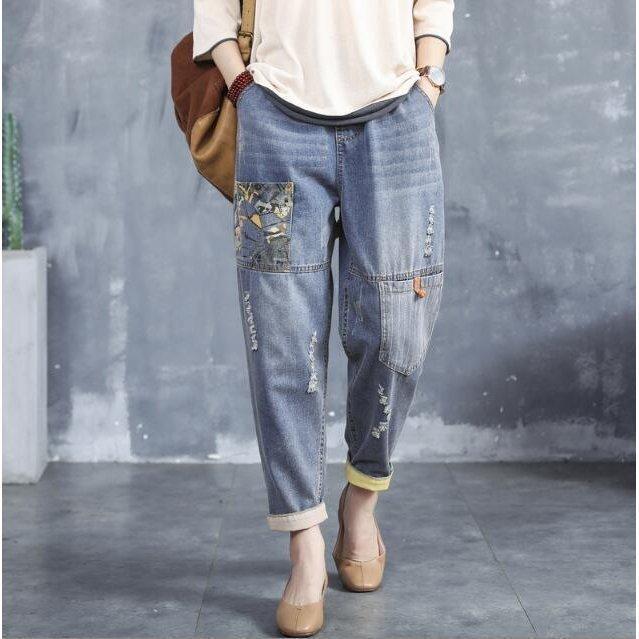 猫柄デニム パンツ / レディースクロップドパンツ 刺繍デニムジーンズ　文芸風 春夏秋　/ダメージ加工　民族風カジュアル | 