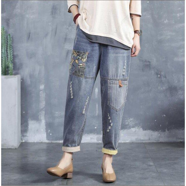 猫柄デニム パンツ / レディースクロップドパンツ 刺繍デニムジーンズ　文芸風 春夏秋　/ダメージ加工　民族風カジュアル |  | 01