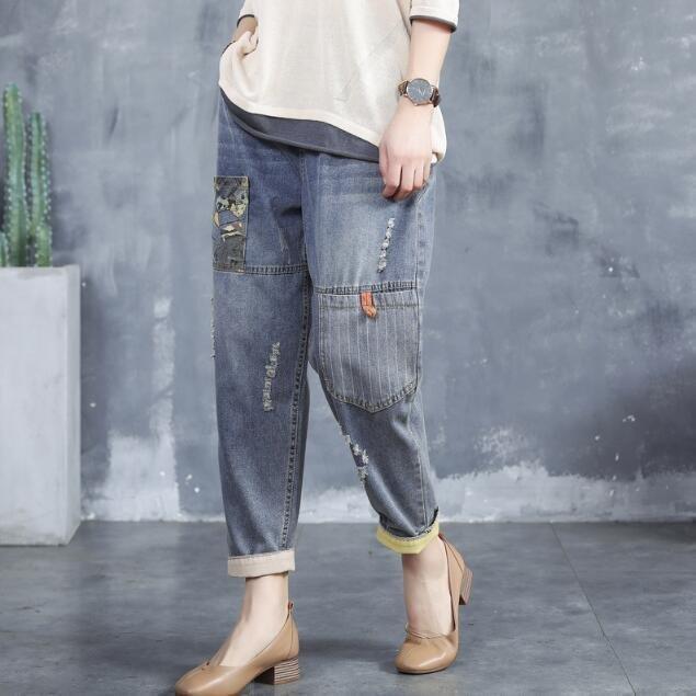 猫柄デニム パンツ / レディースクロップドパンツ 刺繍デニムジーンズ　文芸風 春夏秋　/ダメージ加工　民族風カジュアル |  | 02