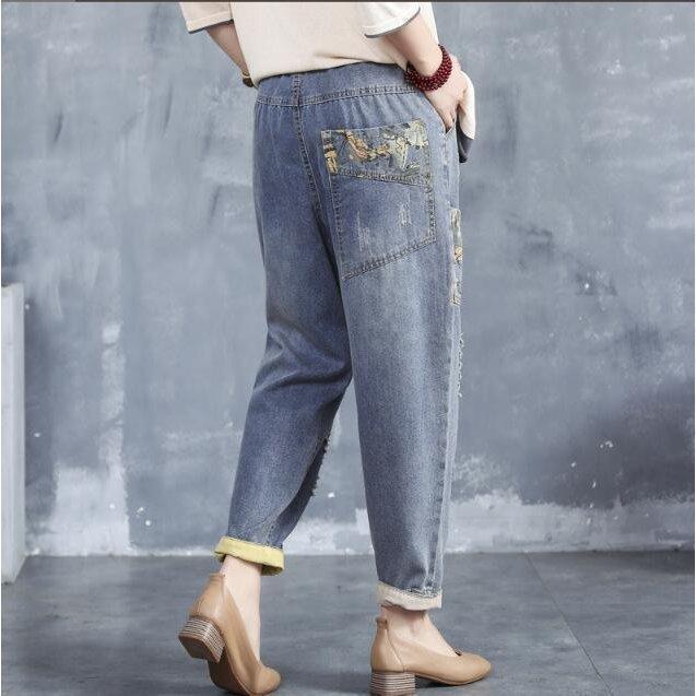 猫柄デニム パンツ / レディースクロップドパンツ 刺繍デニムジーンズ　文芸風 春夏秋　/ダメージ加工　民族風カジュアル |  | 03