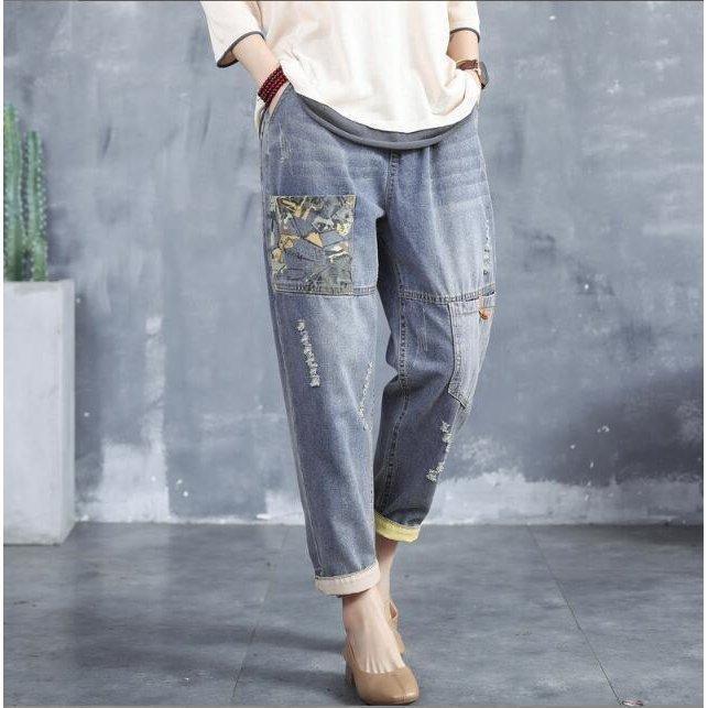 猫柄デニム パンツ / レディースクロップドパンツ 刺繍デニムジーンズ　文芸風 春夏秋　/ダメージ加工　民族風カジュアル |  | 04