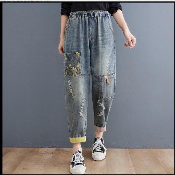 猫柄デニム パンツ / レディースクロップドパンツ 刺繍デニムジーンズ　文芸風 春夏秋　/ダメージ加工　民族風カジュアル |  | 05