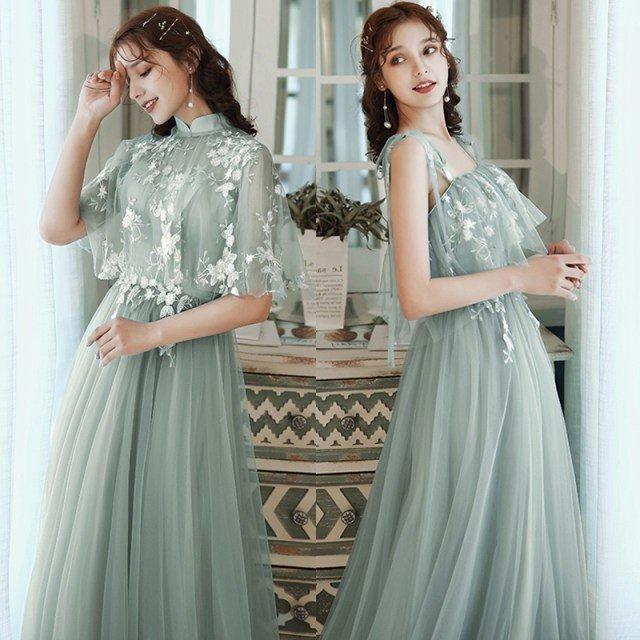 ブライズメイドドレス オフショルダー ロングドレス グリーン