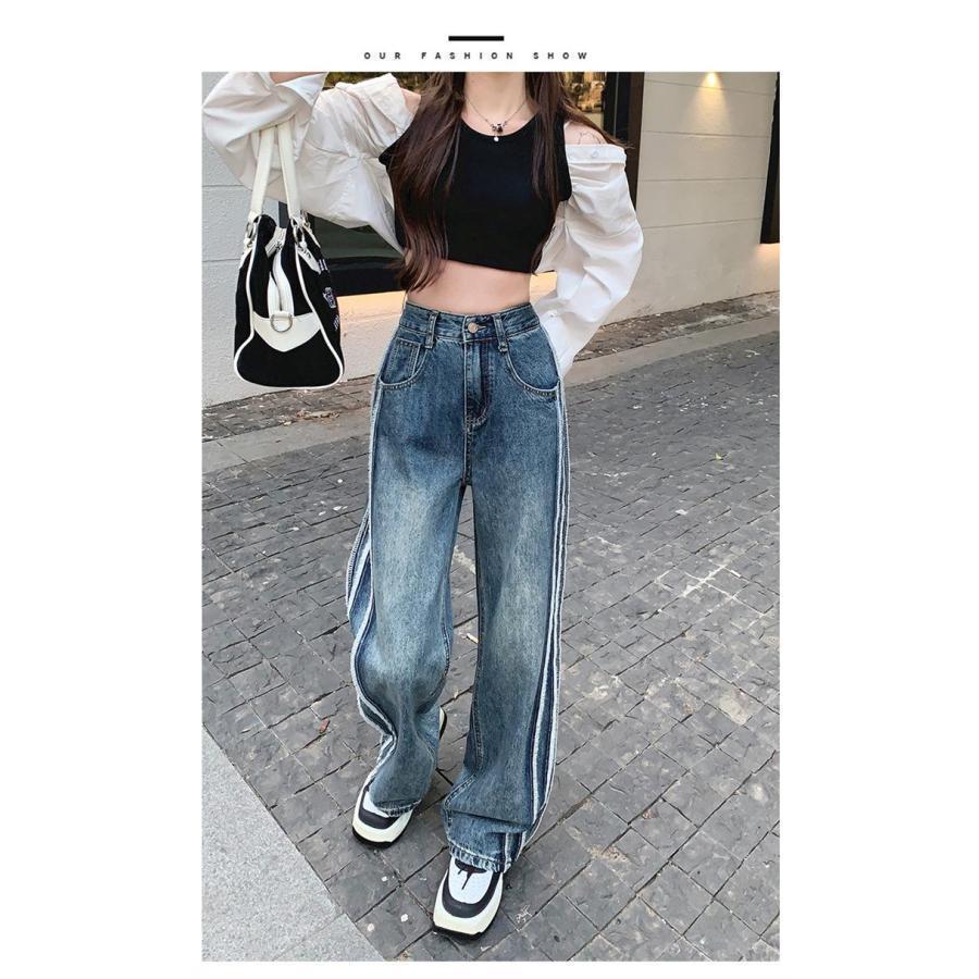 レディース ストレートパンツ サイド ライン ジーンズ c1031 コットンデニムサイドラインワイドストレートパンツ[品番