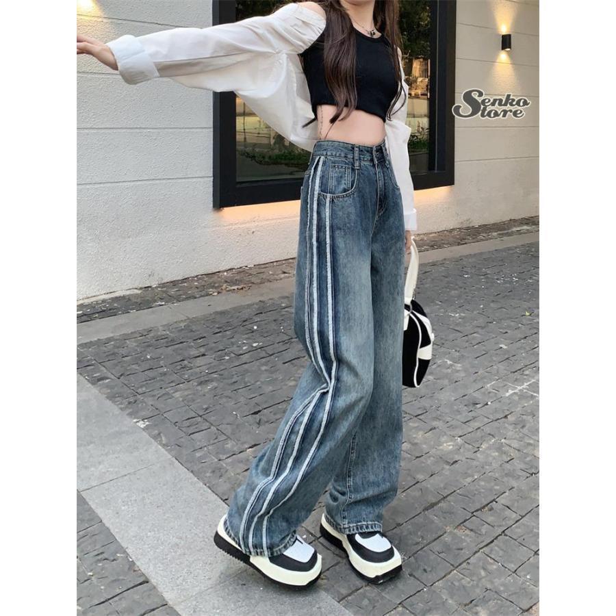 デニム ジーンズ ストレート 美脚効果 細見え 韓国 L614 値下げ】パンツ デニム ジーンズ レディース サイドラインデニム