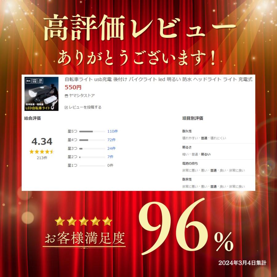 自転車 ライト 充電式 usb充電 ヘッド テール ロードバイク サイクルライト 防水 リアライト クロスバイク 明るい led 後付け :  ヤマシタストア - 通販 - Yahoo!ショッピング