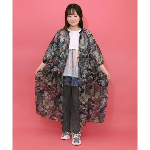 ScoLar（スカラー） ロング丈 長袖 シャツワンピース 花 猫柄 ねこ