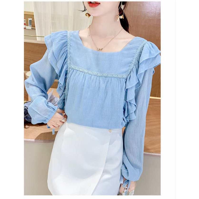 ユキトリイ　長袖ブラウス　フリル　かわいい　日本製　トップス　ブルー　M ワンカラートップスブラウスレディース春春秋かわいいきれいめ