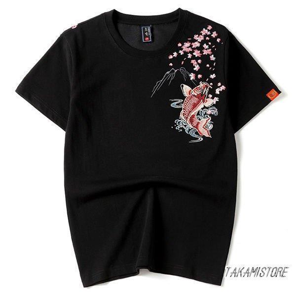 和柄刺繍 半袖Tシャツ メンズ ピンク鯉 和柄 Tシャツ 華鳥風月 和柄刺繍 半袖Tシャツ メンズ ピンク鯉 和柄 Tシャツ 華鳥風月