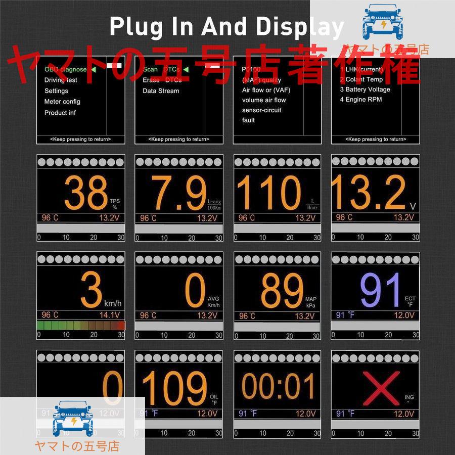 スピードメーター OBD対応多機能メーター 車 Obd 多機能 デジタル ターボ ブースト 警報 速度 オイル 水温ゲージ 12V OBDII コードリーダー｜yamato5go｜05