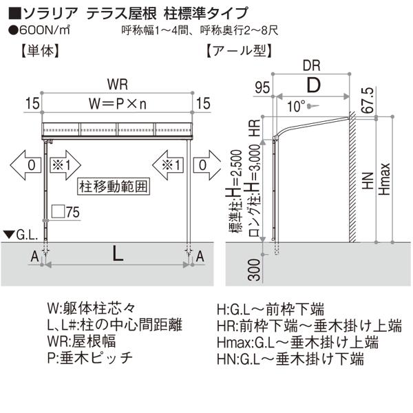 テラス屋根　ソラリア　アール型・柱標準　YKK　AP　関東間2.0間6尺　600N　アルミテラス