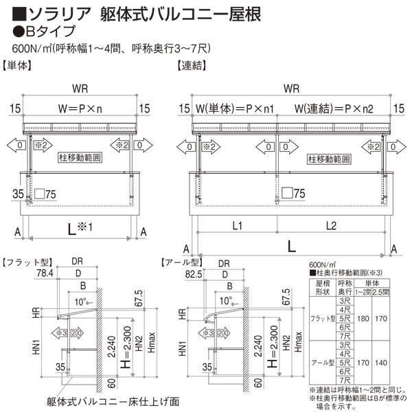 YKK　AP　テラス屋根　ソラリア　躯体式バルコニー屋根　Bタイプ　関東間1.5間4尺　600N　アール型　熱線遮断仕様　部品箱付