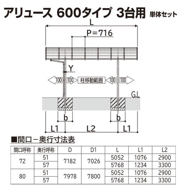 YKK AP カーポート アリュース 600タイプ 3台用 51-72 H22 単体 YKK AP カーポート アリュース 600タイプ 3台用 51-72 H22 単体