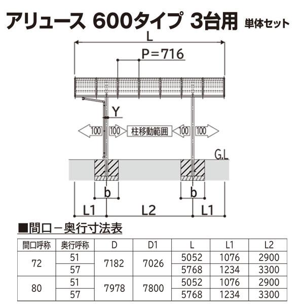 カーポート YKK AP アリュース 600タイプ 3台用　51-72 H22　単体セット 　屋根材熱線遮断ポリカ　地域限定　送料無料｜yamatojyu-ken｜05