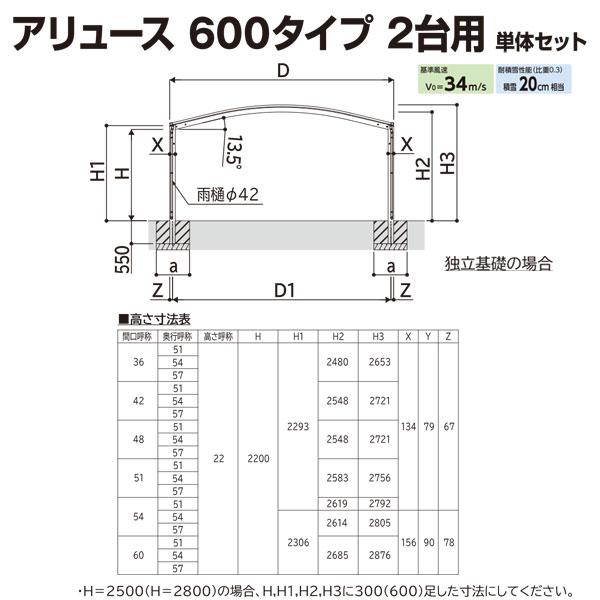 YKK AP カーポート アリュース 600タイプ 2台用 51-54M H25 単体 YKK AP カーポート アリュース 600タイプ 2台用 51-54M H25 単体