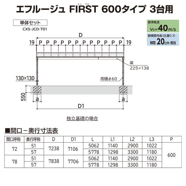 カーポート 3台用 　ＹＫＫ ＡＰ　エフルージュFIRST　600タイプ　3台用 57-72　H22　単体セット　屋根材ポリカ 地域限定　送料無料｜yamatojyu-ken｜02