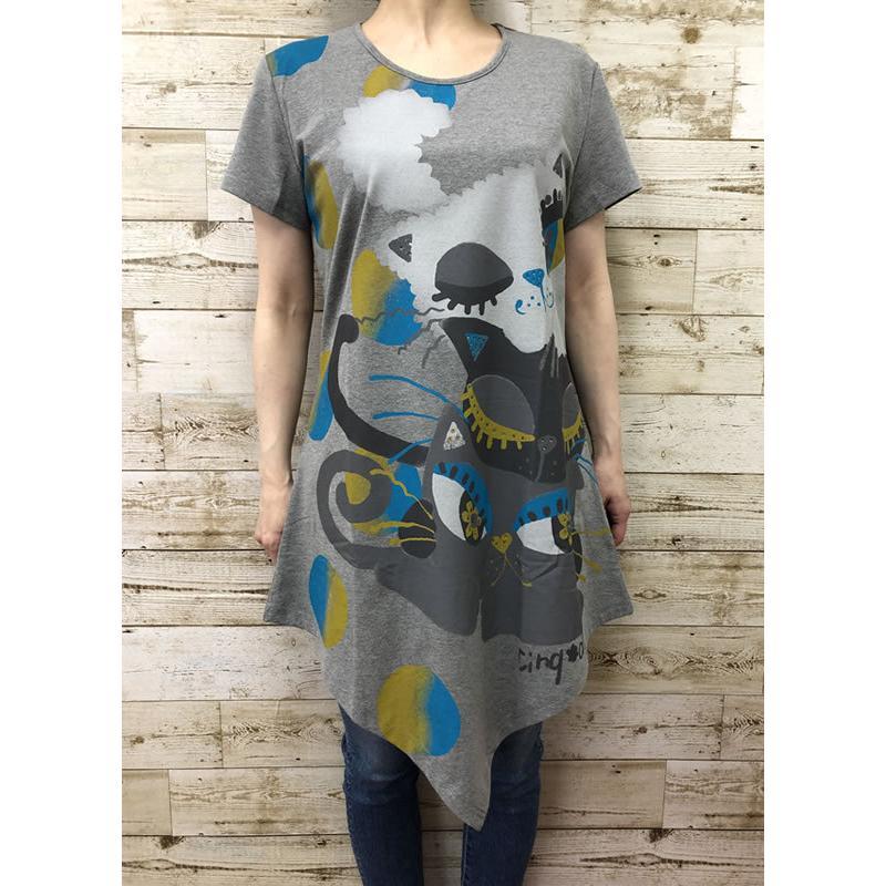 チュニック ワンピース Aライン ラインストーン アニマル 猫 ねこ 柄 カジュアル 婦人服 ミセス サンクプラス 40代 50代 60代 Ss23 19 再再販