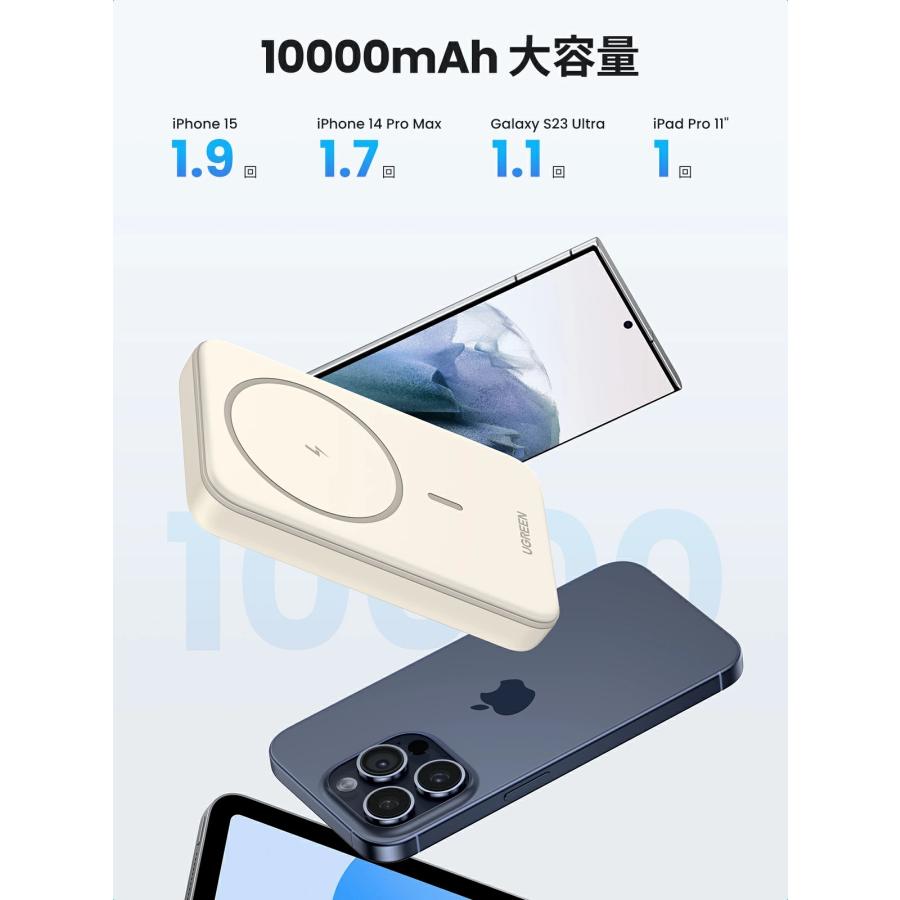 UGREEN マグネット式 ワイヤレスモバイルバッテリー 10000mAh Qi15W PD20W 急速充電 強力吸着 ケーブル付 PSE適合 | UGREEN | 05