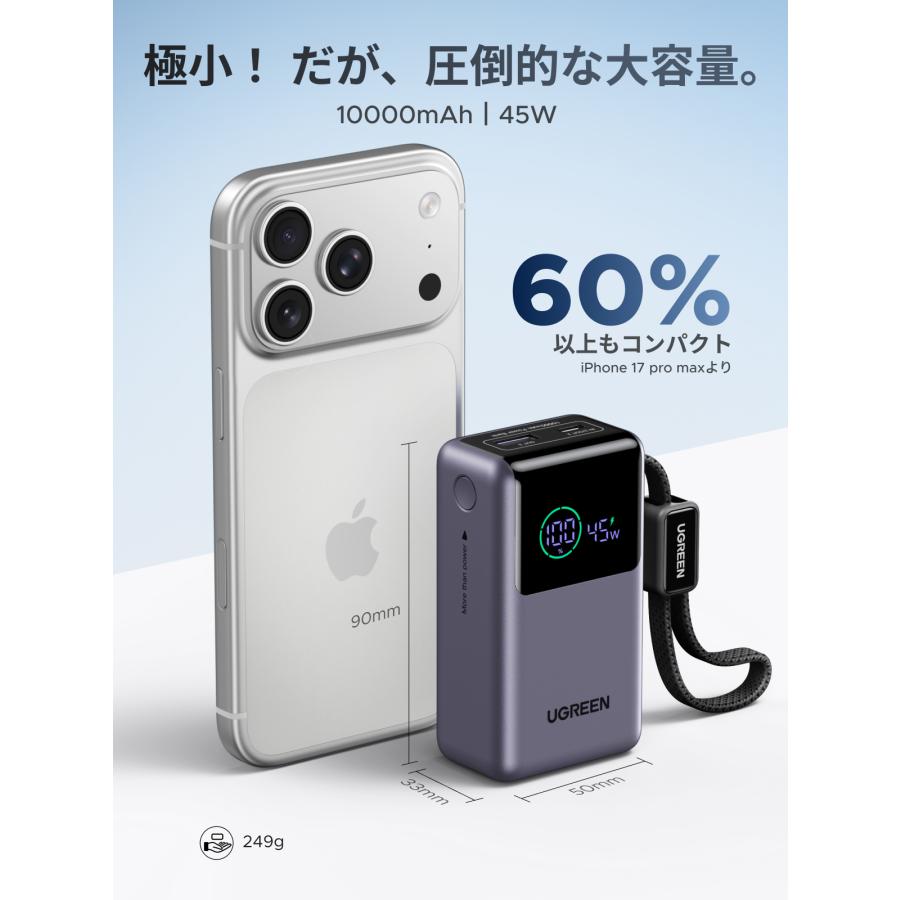 UGREEN モバイルバッテリー 10000mAh・PD45W ケーブル内蔵  リアルタイム出力表示 3台同時 スマホ ノートPC  タイプc  55W急速充電  PSE 爻光限定モデル | UGREEN | 03