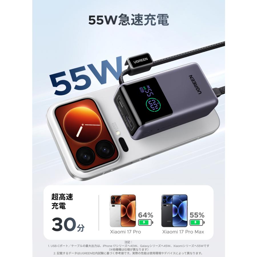 UGREEN モバイルバッテリー 10000mAh・PD45W ケーブル内蔵  リアルタイム出力表示 3台同時 スマホ ノートPC  タイプc  55W急速充電  PSE 爻光限定モデル | UGREEN | 05